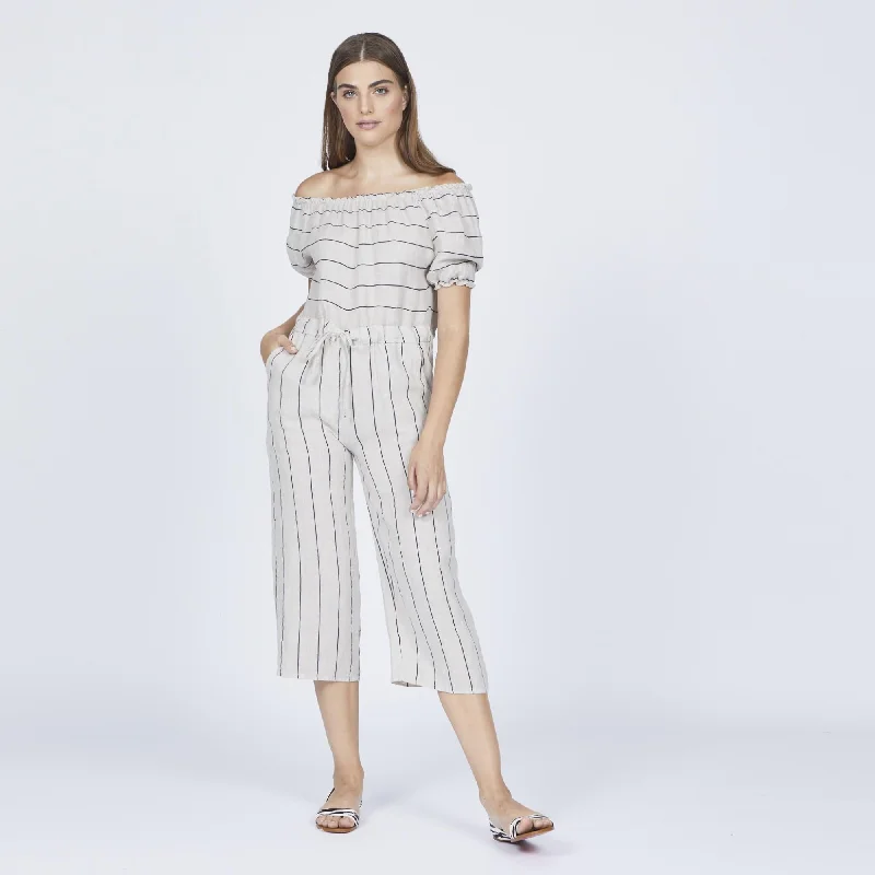 Off-Shoulder Linen Striped Jumpsuit (Sand)